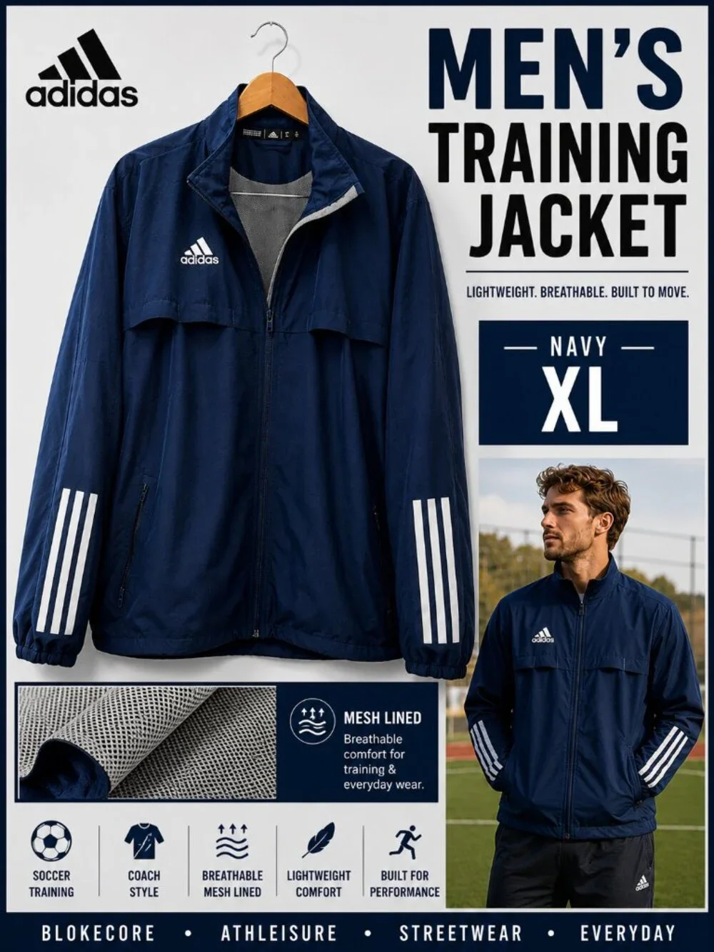 adidas Mens XL Navy Soccer Training Jacket Blokecore Coach Windbreaker